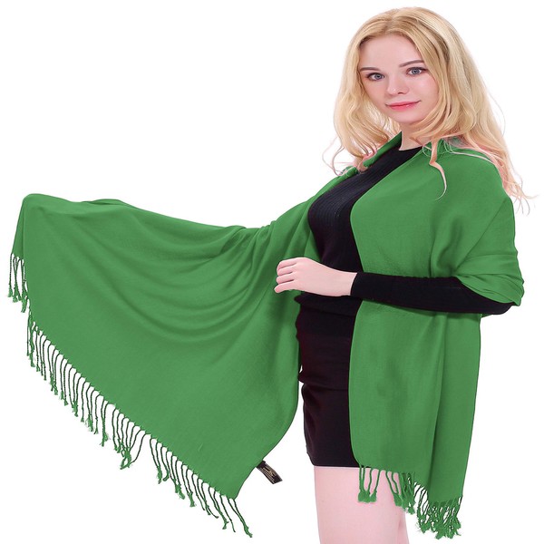 CJ Apparel Forest Green Solid Color Tassels Design Nepalese Shawl