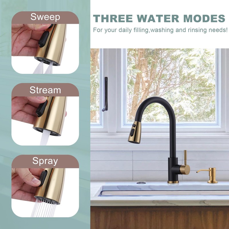 Black and Gold Kitchen Faucet with Soap Dispenser, WOWOW Stainless