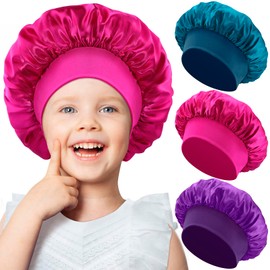 PIEMEET 3 PCS Kids Satin Bonnet Sleeping Cap, Kids Bonnets for Girls, Soft Wide Band Child Bonnet, Breathable Baby Bonnets Night Caps for Teens Toddler Child Natural Curly Hair(Cyan, Rose Red, Purple)