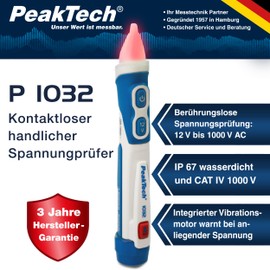 PeakTech 1032 AC Voltage Tester Non-Contact [+ LED Signal Lamp & Vibration] 12-1000 V AC Operating Range, Line Detector, Cable Finder, Phase Tester, Current Tester, Line Finder - 160 x 28 mm