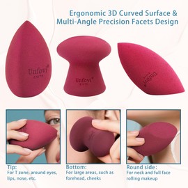 Unfovi 3-Piece Makeup Sponge Set - Latex-Free Beauty Blending Blender for Liquid & Powder, Reusable Face Beauty Makeup Sponges with Unique Shapes (Rounded, Mushroom, Angled Tip) (Burgundy)