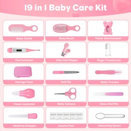 MEETOZ Baby Healthcare and Grooming Kit, 19 in 1 Infant Safety Care Set with Hair Brush Comb Nail Clipper Nasal Aspirator,Baby Essentials Kit for Newborn Girls Boys (Pink)