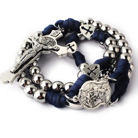 HanlinCC Large and Heavy Stainless Steel Beads Rugged Durable Paracord Rosary Necklace for Men with St.Michael Center Piece and St.Benedict Crucifix (Dark Blue Paracord Rosary)