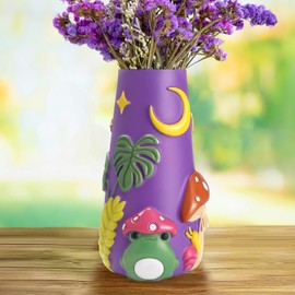 AmiCera Cute Frog Flower Vase, 20 cm Colourful Tall Vases for Home Decor, Unique Boho Decorative Mushroom Vases for Flowers, Modern Rainbow Funky Gardening Gifts, Purple