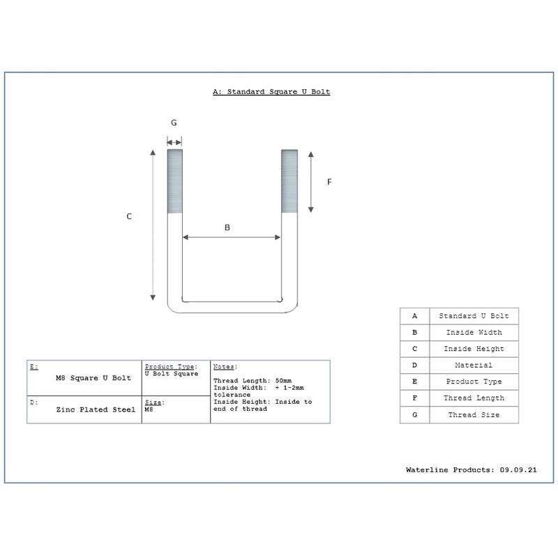 U Bolt Square M8 Thread 45mm Inner Width x 100mm