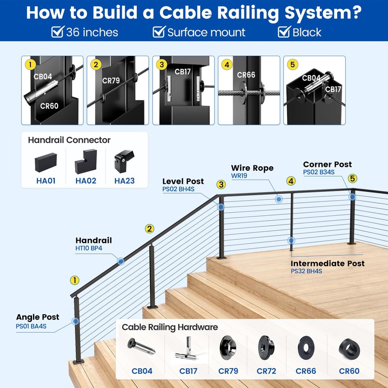 Muzata Black Corner Cable Railing Post 36 Inch 36"x2"x2" T-drilled