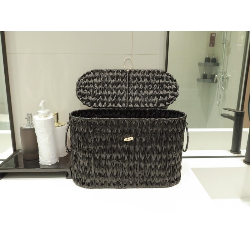 Coeusy Black Toilet Paper Basket with Lid,Wicker Toilet Paper Storage