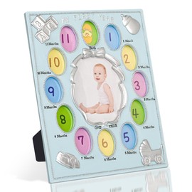 ZASEUCI My First Year Photo Frame – Baby's Monthly Milestone Memory Display | Classic Baby Picture Frame Keepsake for Boys & Girls | 12 Monthly Photo Slots in Blue | Nursery Wall Décor