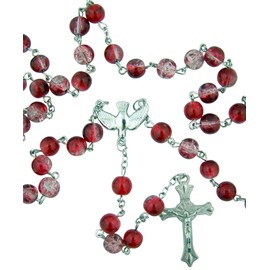 CB Catholic Teen Confirmation Gift 8MM Red Crackle Glass Bead with Holy Dove Center 21 Inch Rosary Necklace, Glass