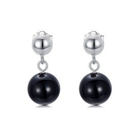 925 Sterling Silver 8 mm Beaded Round Ball Dangle Earrings Birthstone Jewellery Gifts for Women, Sterling Silver, Onyx