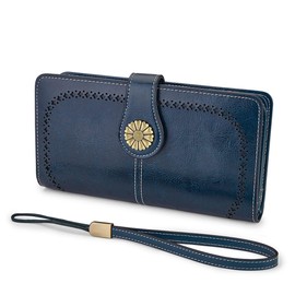 VANNANBA Womens Multi Card Large Capacity Wallets RFID Blocking Genuine Leather Credit Card Holder Wristlet Organizer with Zipper(Peacock Blue)