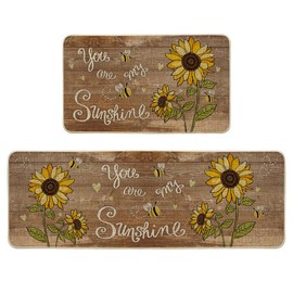 Artoid Mode Wood Bee Sunflower Spring Kitchen Mats Set of 2, Summer Home Decor Low-Profile Kitchen Rugs for Floor - 17x29 and 17x47 Inch