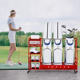 Lauren&Harold 3 Golf Bag Organizer Garage Storage, Golf Storage Rack Stand Fits 3 Golf Bags, Golf Clubs and Other Golfing Equipment Accessories, Large Golf Organizer for Garage, Club, Basement, Red