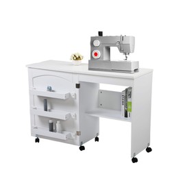 NBTiger Folding Sewing Table Station with Compartment Storage and Lockable Casters, Modern Craft Workstation Cart Side Desk with Shelf Cabinets and Magnetic Doors for Small Room, White