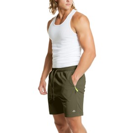 Zengjo Mens Running Shorts Unlined Zip Pockets(Olive Green,M)