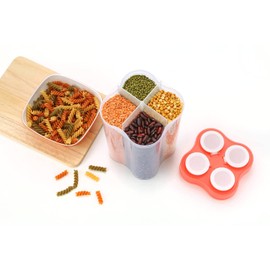 Zyrena Airtight Cereal Storage Container, Clear 2.3L Airtight Kitchen Food Storage Container with Lids and Compartments for Grain, Sugar, Flour, Rice, Nuts, Snacks, 4 Sections (Red-White Lid)