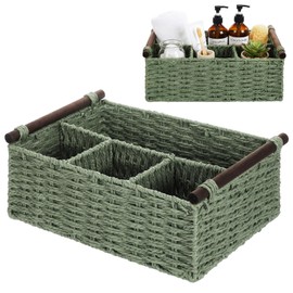 Remerry Sage Green Bathroom Countertop Organizer Caddy, Wicker-Like Divided Basket with Handle and Metal Frame, 4 Compartment, Paper Rope Storage Organizer for Vanity Kitchen (10.24 x 7.87 x 3.94 in)