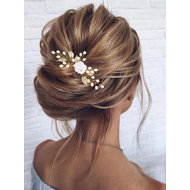 Gorais Flower Bride Wedding Hair Comb Pearl Bridal Hair Pieces Leaf Hair Accessories for Women and Girls (b-gold)