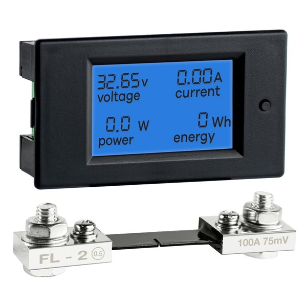 DC 6.5-100V 0-100A LCD Display Digital Power Monitoring Meter Voltage Current Power Energy Meter Ammeter Voltmeter Multimeter with 100A Current Shunt