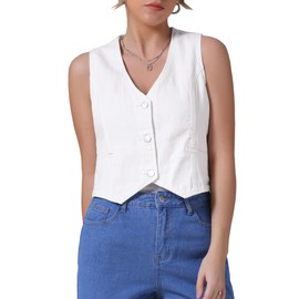 CIMUK Women's Denim Vest V Neck Button Down Sleeveless Waistcoat Vest Top Western Outfits Casual Jean Vests Medium White