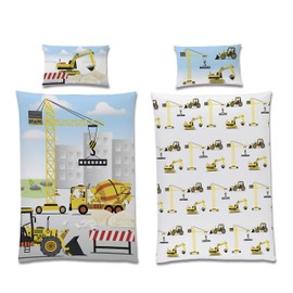 Cute Toddler Bedding with Reversible Construction Site Design · Duvet Cover 100 x 135 cm Pillowcase 40 x 60 cm · Baby Bedding Made of 100% Cotton with Construction Machines