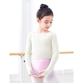 Daydance Boat Neck Girls Dance Sweater Pullover Cropped Ballet Shrug for Leotards Long Sleeve White
