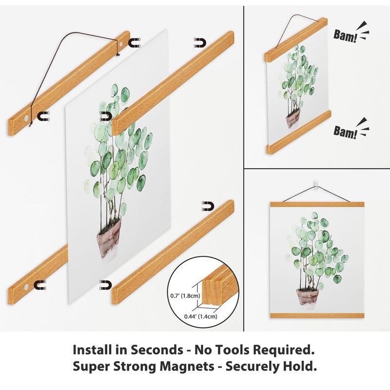 HONKKI Magnetic Poster Frame Hanger, Natural Teak, Poster Hanger for