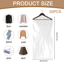 Plastic Garment Bags, 30 Pack Dry Cleaning Bags, Clear Clothes Covers, Dust Proof Garment Protector Covers, Garment Bags, Clear Plastic Clothes Covers for Clothes Shirt Jacket Suit(60x120cm)