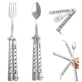 2 Pcs Butterfly Fork and Spoon Set, Stainless Tactical Butterfly Forks Spoon, Folding Butterfly Fork with Butterfly Metal Training Tool for Travel Camping Hunting BBQ Kitchen Outdoor