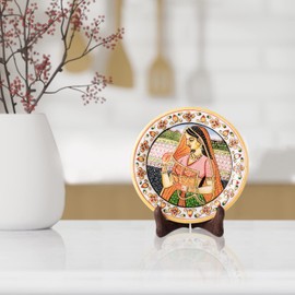 Marble Decorative Plate Traditional Indian Handpainted Round Shape Showpiece Pottery Plate with Stand for Decoration Home Office Décor and Gifting (Rajasthani Lady)