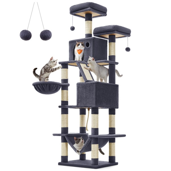 Feandrea Cat Tree, 81.1-Inch Large Cat Tower with 13 Scratching Posts, 2 Perches, 2 Caves, Basket, Hammock, Pompoms, Multi-Level Plush Cat Condo for Indoor Cats, Smoky Gray UPCT190G01
