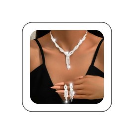 Reaky Bridal Jewelry Sets Rhinestone Necklace 2 Pcs Silver Bride Necklaces Jewelry Wedding Accessories for Women