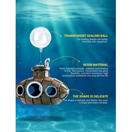 Floating Fish Tank Decoration, Little Cute Retro Submarine Aquarium Decoration with Two Float Balls, Resinous Fish Tank Accessorie, Safe Fish Toy for Betta Cichlid Goldfish Shrimps Hermit Crabs