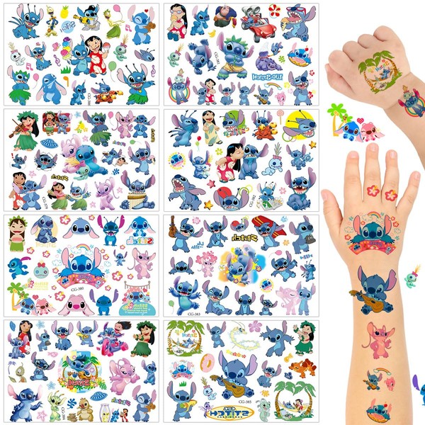 Lilo & Stitch Tattoo Children, 8 Sheets Lilo & Stitch Temporary Tattoo Sticker Set, Waterproof Children's Tattoos, Skin-Friendly Temporary Children's Tattoos for Children's Birthday Party Party Bags