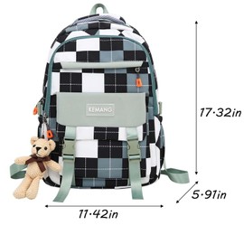 jupkem Checkered Backpack for Women Cute Backpack Black and White Pattern with Kawaii Pendant Large Capacity Casual Laptop Daypack (Green)