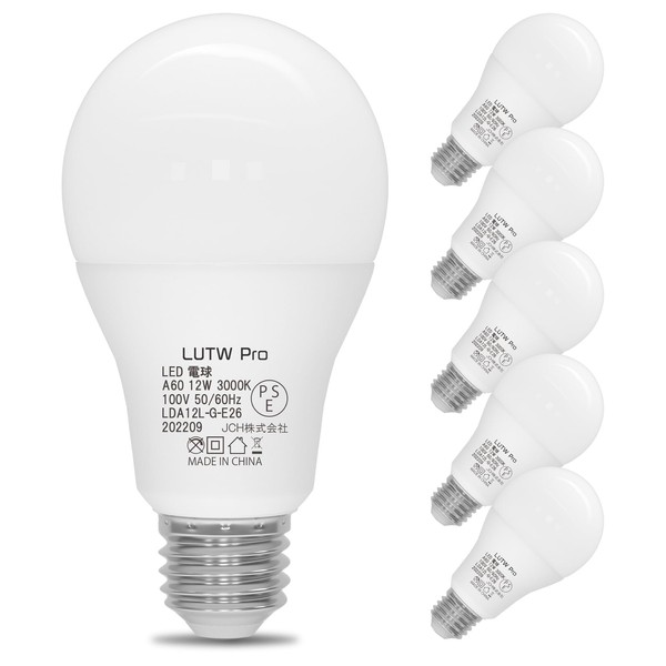 LUTW Pro LDA12L-G-E26 LED Bulb, E26 Base, 100W Equivalent, Bulb Color, 3000K, 12W, 1330lm, Compatible with Enclosed Fixtures, High Brightness, Energy Saving, Wide Light Distribution, 220°, High Color Rendering, Non-Dimmable, PSE Certified, Set of 6