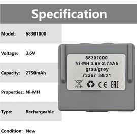 3.6V 2750mAh 68301000 68300900 Ni-Mh Rechargeable Battery for HETRONIC Remote Control Battery, Grey (3.6 Volt, 2.75Ah, Rechargeable)