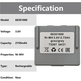 3.6V 2750mAh 68301000 68300900 Ni-Mh Rechargeable Battery for HETRONIC Remote Control Battery, Grey (3.6 Volt, 2.75Ah, Rechargeable)