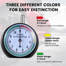 Preciva Tyre Tread Depth Gauge UK, 0-11mm, Tyre Depth Gauge Round Measuring Rod, Professional Tyre Gauge with Colors Warning Value Display for Car and Bus