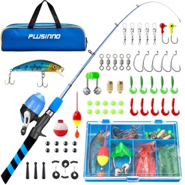 PLUSINNO Kids Fishing Pole, Portable Telescopic Fishing Rod and Reel Combo Kit - with Spincast Fishing Reel Tackle Box for Boys, Girls, Youth