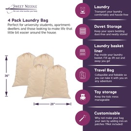 Sweet Needle Pack of 4 Heavy Duty Extra Large Laundry Storage Shopping Bags, 71x91 CM (28x36 IN) 75L - 100% Cotton, Highly durable, Draw-cord with cord-lock, Machine Wash and reusable Travel Bag