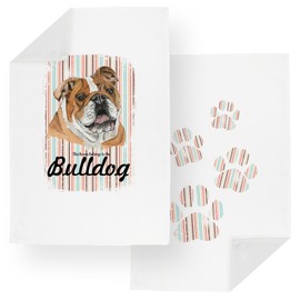 Purely Home Bulldog & Paw Prints Tea Towel Set - House Belongs to the Dog Gift Set - Mixed Pack of 2 Striped Panama Cotton Kitchen Dish Towels/Drying Cloths