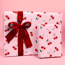 Big Dot of Happiness Cherries Wrapping Paper, Sweet Red Cherry and Pink Bow Gift Wrap for Girls Birthday, 24 in x 7 feet, 1 Roll