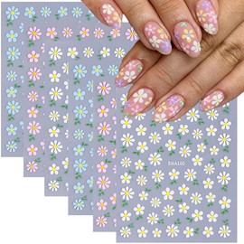 Daisy Flower Nail Art Stickers 3D Spring Floral Nail Decals Blue Pink White Colors Small Size Design Adhesive Sliders Cherry Blossom Manicure Sticker for Women DIY Nail Art Decorations, 6 Sheets