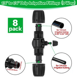 1/2 Inch To 1/4 Drip Irrigation Fittings - 8 Pack Drip Line Irrigation 1/2'' to 1/4'' Barbed Tee Adapter Anti-Drop Lock Nut Barbed Reducer 3 Way Connectors for Drip Irrigation System