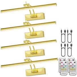 Yuichoy 4 Pack Picture Light Battery Operated for Wall, 16" Wireless Art Lighting for Painting, 6 Colors Picture Frame Lights with Remote, Dimmable 5200mAh Gallery Light, Gold