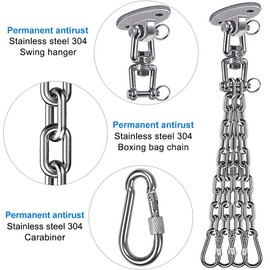 BeneLabel Heavy Duty Swing Hook Chain Hanging Chair Kit, Heavy Duty Boxing Punching Bag Chain Stainless Steel 304, 360° Swing Hangers with 4 Chains and 4 Carabiners, 2 Screws for Wooden Sets