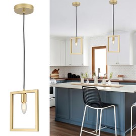 Gisisee Gold Pendant Light,Industrial Small Chandelier 9 Inch/1 Light/E12, Adjustable Height Modern Square Hanging Light for Kitchen Island,Living Room,Bedroom,Hallway