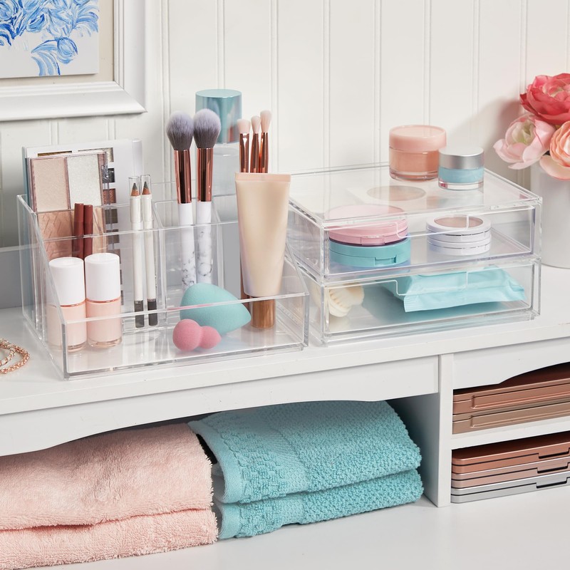 STORi Chloe Stackable Makeup Holder & Drawer Organizer Set, Clear,