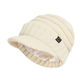 Hat Hut Beanie Hats for Women Men Satin Lined Winter Hats for Women Slouchy Beanies Satin Lined Beanie with Brim Visor (Beige)